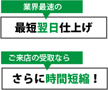 最短翌日仕上げ。来店受取で時間短縮